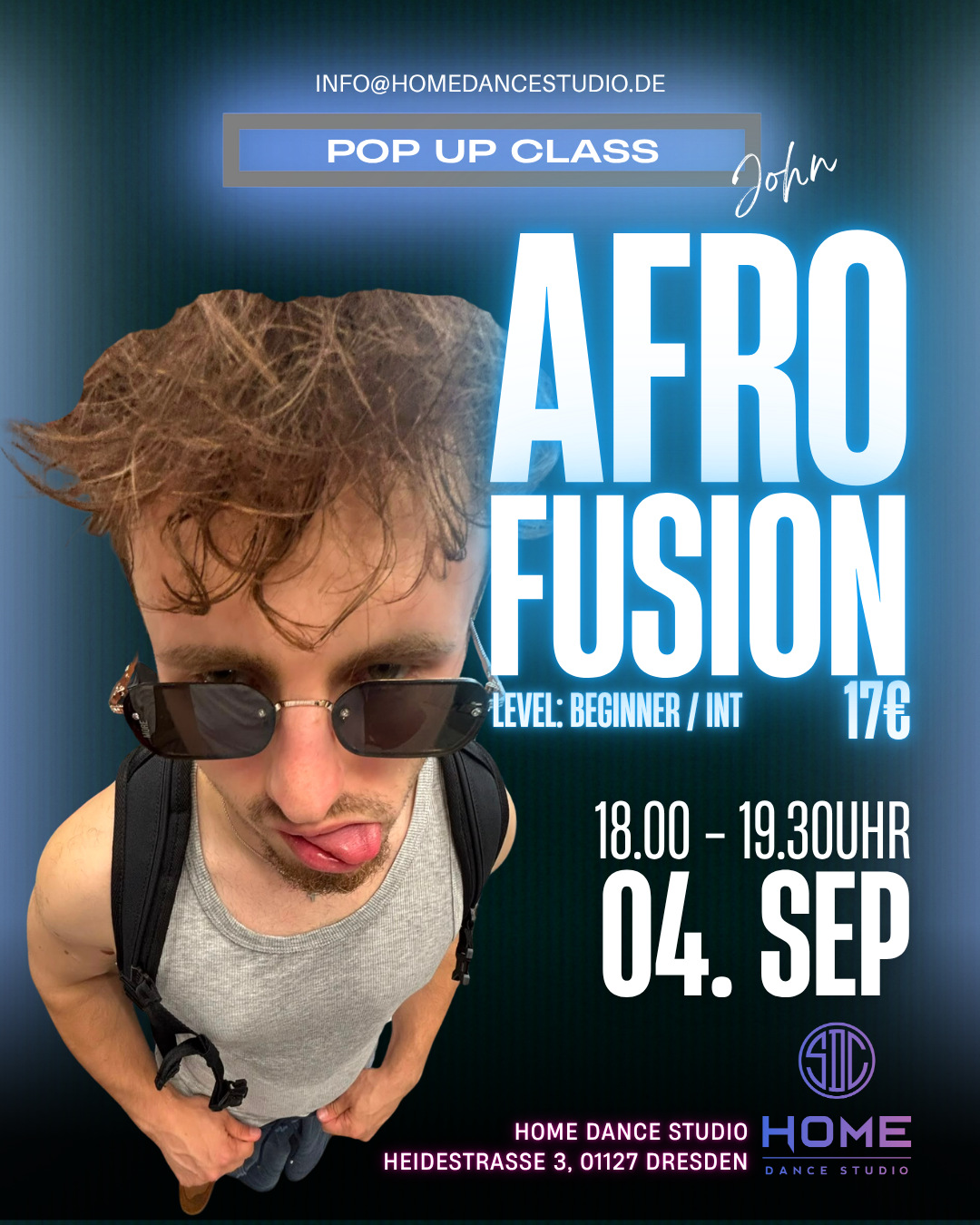 Ankündigungsplakat Afro Fusion Pop Up Class mit John am 4. September