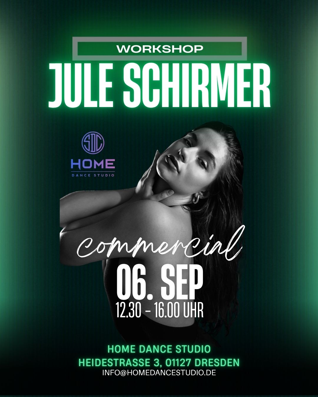 Ankündigungsplakat Workshop Commercial mit Jule Schirmer am 6. September